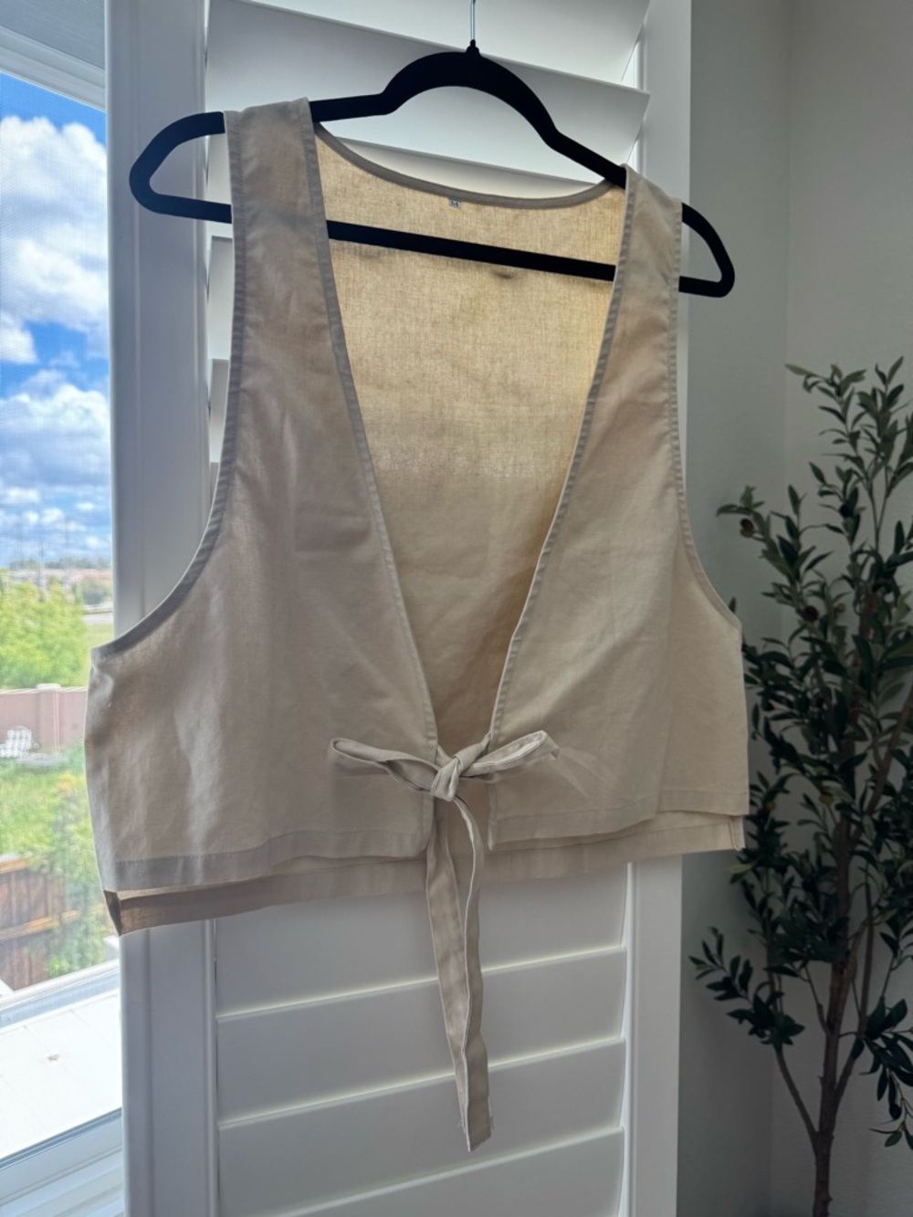 Cotton/Linen Blend Beige Tie-Front Vest M - Picture 4 of 6